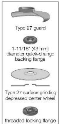 Type 27 guard 1-11/16" (43 mm) diameter quick-change backing flange Type 27 surface grinding depressed center wheel threaded locking flange