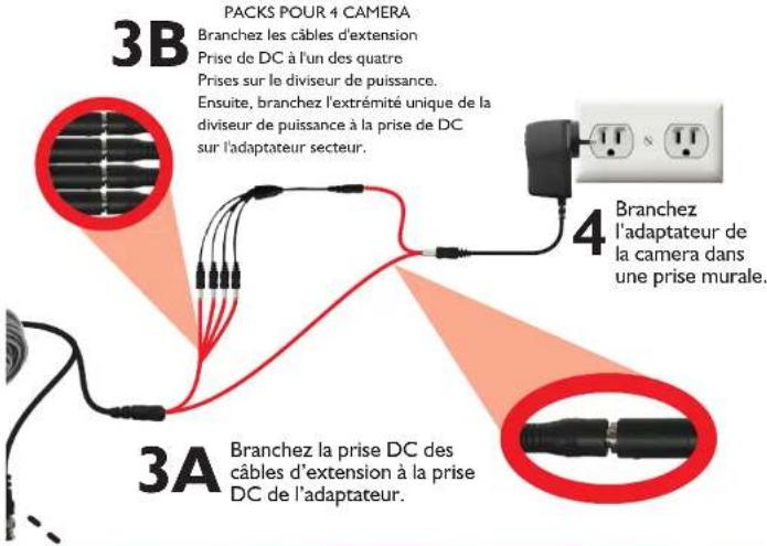 3B PACKS POUR 4 CAMERA Branchez les câbles d'extension Prise de DC à l'un des quatre Prises sur le diviseur de puissance. Ensuite, branchez l'extrémité unique de la diviseur de puissance à la prise de DC sur l'adaptateur secteur. 3A Branchez la prise DC des câbles d'extension à la prise DC de l'adap…
