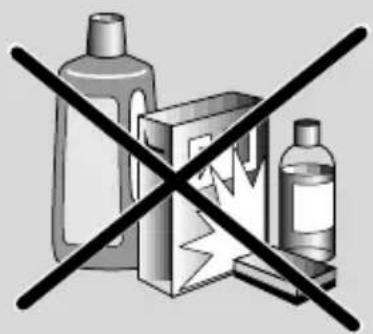 Prohibition sign with crossed-out black-and-white graphic of plastic bottles and a box, indicating no chemical or pharmaceutical use.