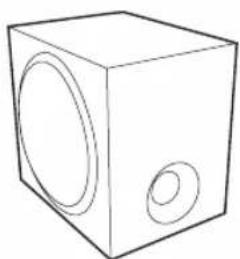Simple line drawing of a cube with two circular cutouts on its front face (no text or symbols)