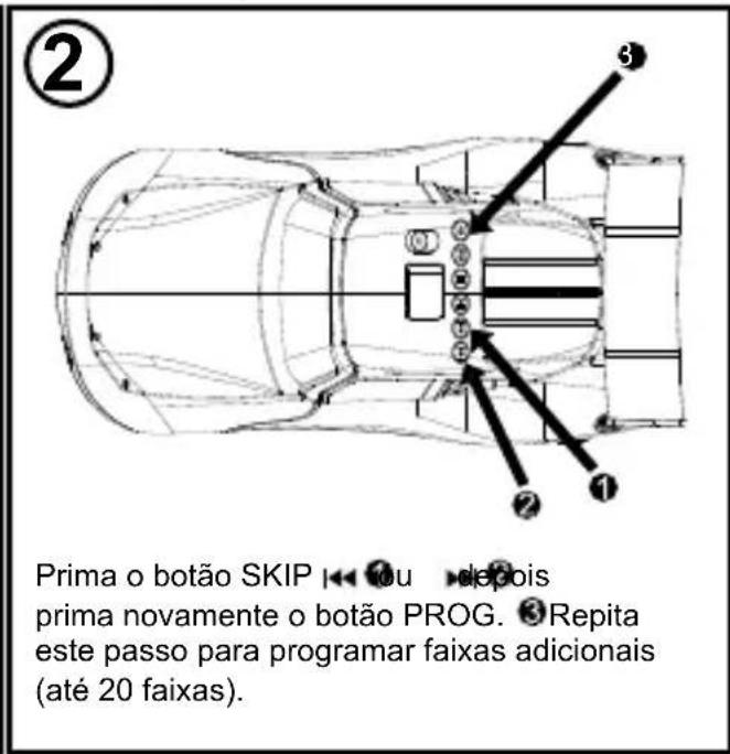 Prima o botão SKIP ← ou ▶ depois prima novamente o botão PROG. ③ Repita este passo para programar faixas adicionais (até 20 faixas).