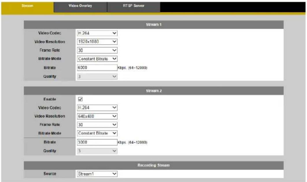 Stream Video Overlay RTSP Server Stream 1 Video Codec H.264 Video Resolution 1920x1080 Frame Rate 30 Bitrate Mode Constant Bitrate Bitrate 6000 Kbps. (64~12000) Quality 3 Stream 2 Enable ✓ Video Codec H.264 Video Resolution 640x480 Frame Rate 30 Bitrate Mode Constant Bitrate Bitrate 3000 Kbps. (64~1…