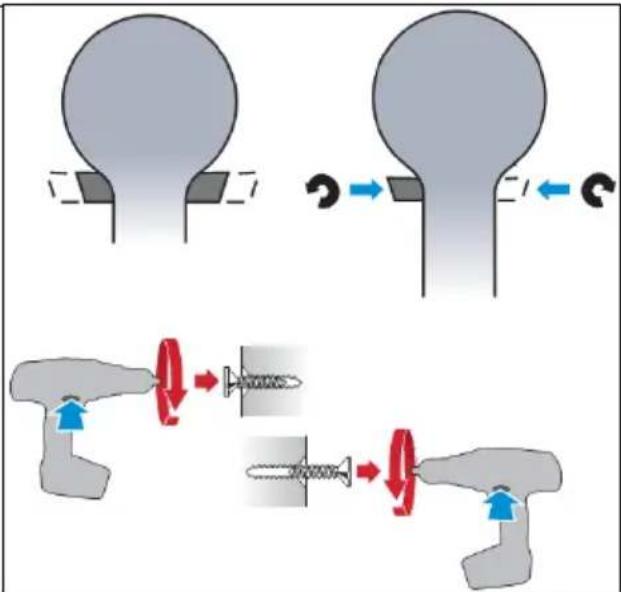 Diagram illustrating mechanical assembly steps with arrows indicating motion and rotation, showing tool path and component movement.