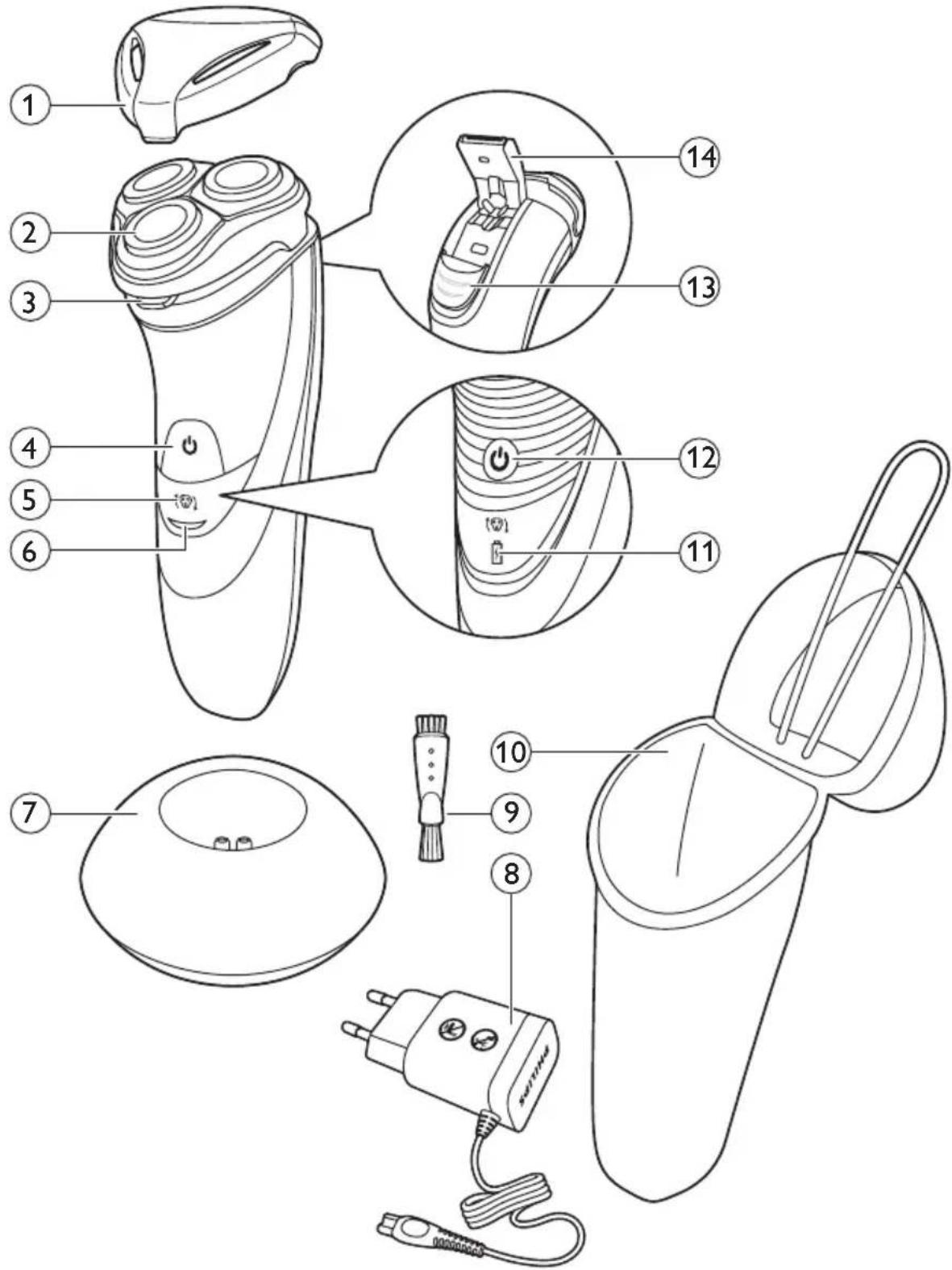 Technical diagram of an electric shaver with numbered parts and labeled functions