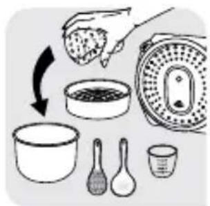 Illustration showing a food preparation step with labeled steps: dropping seeds, mixing bowl, measuring cup, and using chopsticks.