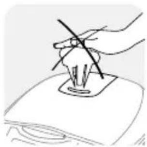 Simple line drawing of a hand holding a pen or stylus above a square base, with no text or symbols present.