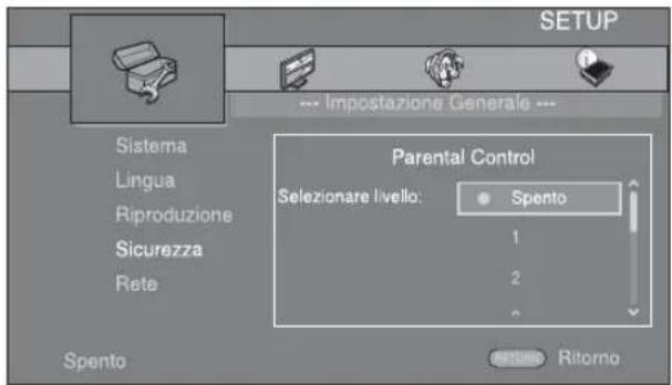 SETUP --- Impostazione Generale --- Sistema Lingua Riproduzione Sicurezza Rete Parental Control Selezionare livello: Spento 1 2 # Spento Ritorno