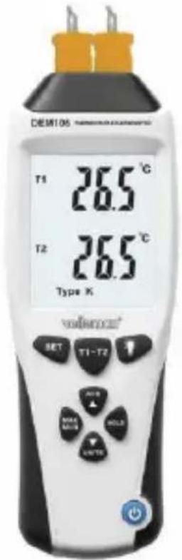 DEM105 T1 26.5 °C T2 26.5 °C Type K valdencar® SET T1-T2 AUTO AUTO Mials HOLD AUTO ONTS