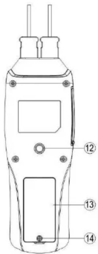 Technical diagram of a handheld device with numbered parts labeled 12, 13, and 14