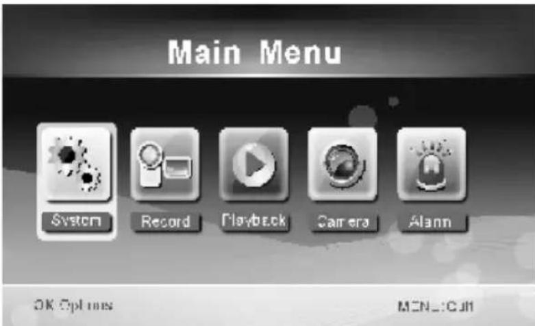 Main Menu System Record Playback Camera Alann OK Options MIN.COM