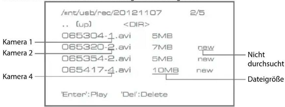 /mnt/usb/rec/20121107 2/5 .. (up) 065304-1.avi 5MB 065320-2.avi 7MB new 065354-2.avi 5MB new 065417-4.avi 10MB new Kamera 1 Kamera 2 Kamera 4 'Enter':Play 'Del':Delete Nicht durchsucht Dateigröße