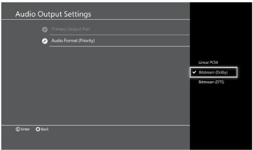 Audio Output Settings Primary Output Port Audio Format (Priority) Linear PCM ✓ Bitstream (Dolby) Bitstream (DTS) Enter Back