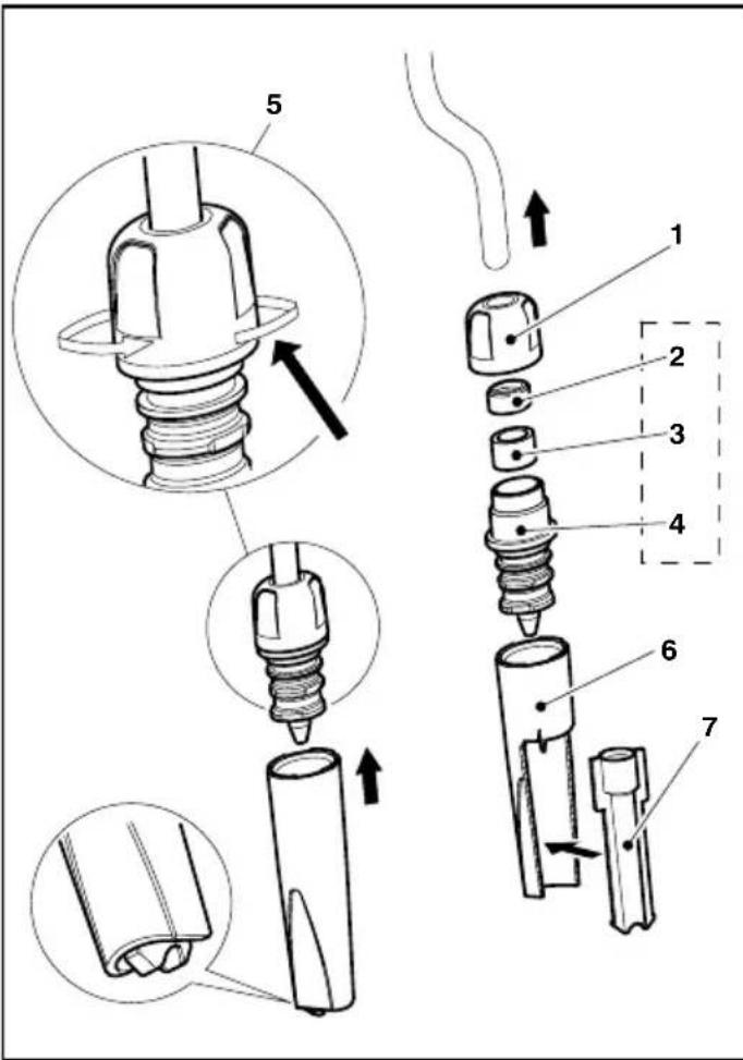 Technical diagram showing exploded and assembled views of a mechanical component with numbered parts and directional arrows indicating assembly or assembly.
