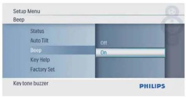 Menu de configuration Bip Statut Inclinaison automatique Bip Activé Aide sur les touches Réglage d'usine Avertisseur sonore des touches PHILIPS