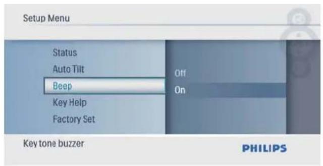 Menu de configuration Statut Inclinaison automatique Bip Désactivé Activé Aide sur les touches Réglage d'usine Avertisseur sonore des touches PHILIPS