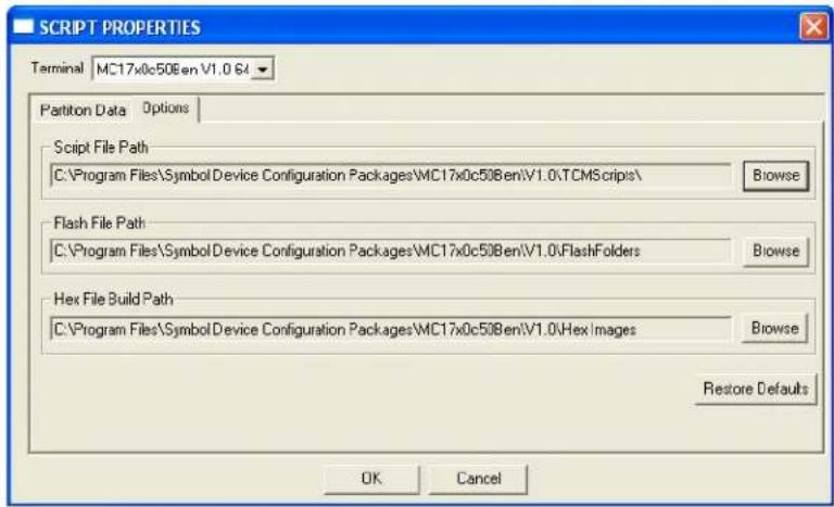 SCRIPT PROPERTIES - Terminal MC17x0c50B en V1.0 64 - Partition Data Options - Script File Path - C:\Program Files\Symbol Device Configuration Packages\MC17x0c50B en\V1.0\TCMScrips\ - Browse - Flash File Path - C:\Program Files\Symbol Device Configuration Packages\MC17x0c50B en\V1.0\FlashFolders - Br…