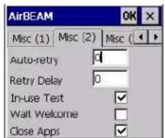 AirBEAM Misc (1) Misc (2) Misc Auto-retry d Retry Delay 0 In-use Test ✓ Wait Welcome ✓ Close Apps ✓