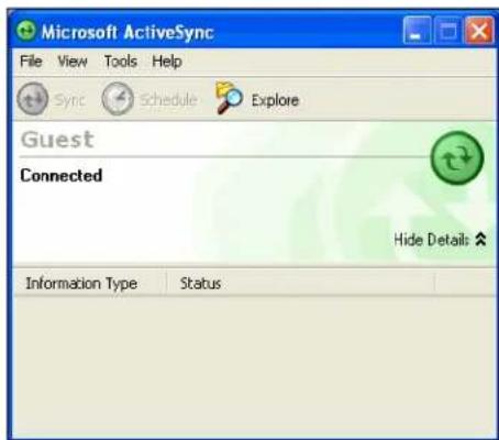 Microsoft ActiveSync window with menu bar (File, View, Tools, Help) and toolbar (Sync, Schedule, Explore). Device is in Guest mode and connected. Hide Details button visible. Information Type and Status columns shown.