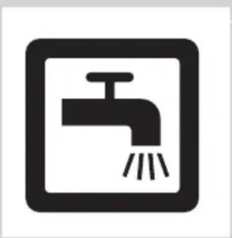 Black and white icon of a faucet with raindrops, enclosed in a square frame (no text or symbols)