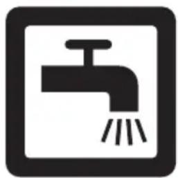 Simple black-and-white icon of a faucet with raindrops, no text or symbols present.