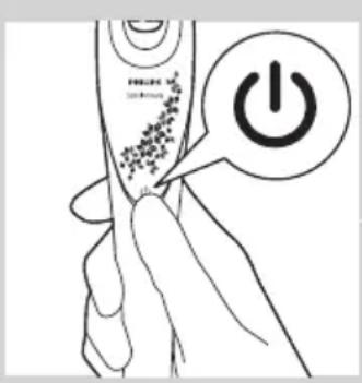 Diagram showing a hand holding a remote control with a power button icon and Chinese text labeling the device.