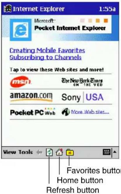 Internet Explorer 1:55a Microsoft® Pocket Internet Explorer Creating Mobile Favorites Subscribing to Channels Tap to view these Web sites and more! msn The New York Times ON THE WEB amazon.com Sony | USA Pocket PC Web More Web sites... View Tools Favorites button Home button Refresh button