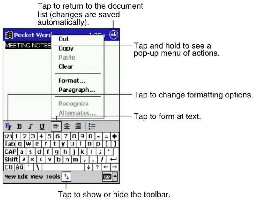 Tap to return to the document list (changes are saved automatically). Pocket Word MEETING NOTES Cut Copy Paste Clear Format... Paragraph... Recognize Alternates... Tap and hold to see a pop-up menu of actions. Tap to change formatting options. Tap to form at text. New Edit View Tools Tap to show or hide the toolbar.