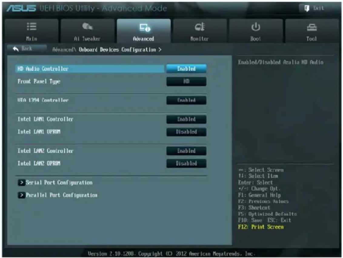 ASUS UEFI BIOS Utility - Advanced Mode Main AI Tweaker Advanced Monitor Boot Tool Back Advanced\ Onboard Devices Configuration > HD Audio Controller Enabled Front Panel Type HD UTO 1394 Controller Enabled Intel LAN1 Controller Enabled Intel LAN1 OPROM Disabled Intel LAN2 Controller Enabled Intel LAN2 OPROM Disabled Serial Port Configuration Parallel Port Configuration Enabled/Disabled Azalla HD Audio +: Select Screen F4: Select Item Enter: Select •/-: Change Opt. F1: General Help F2: Previous Values F3: Shortent F5: Optimized Defaults F10: Save ESC: Exit F12: Print Screen Version 2.10.1200. Copyright (C) 2012 American Megatrends, Inc.