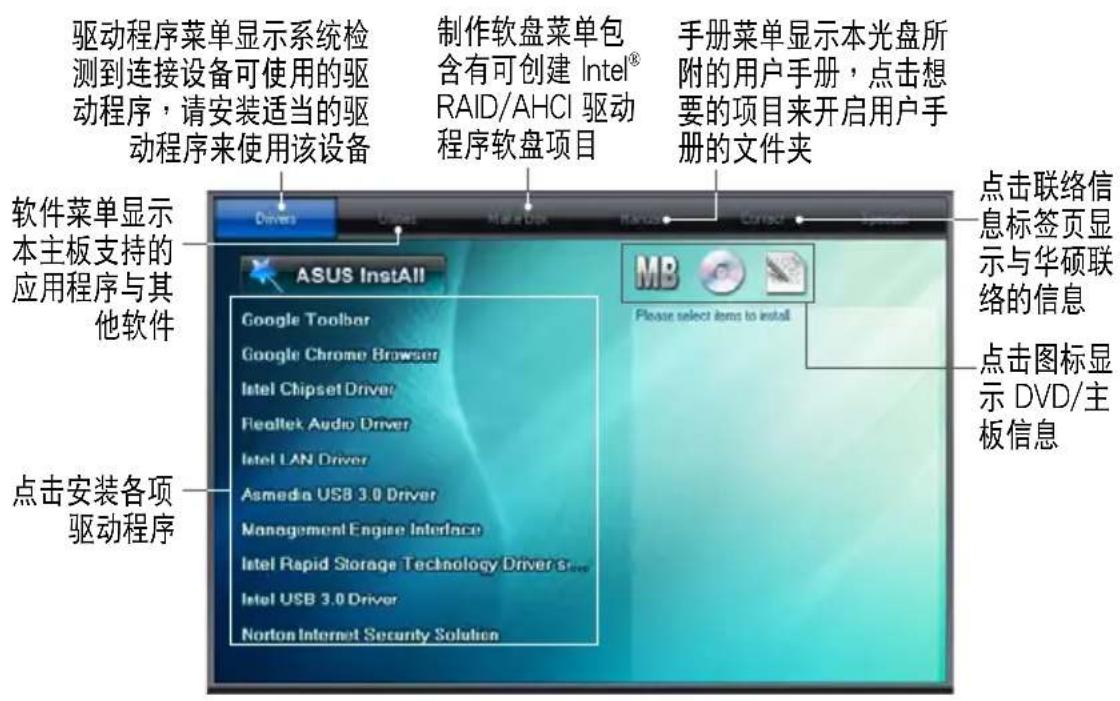 驱动程序菜单显示系统检 测到连接设备可使用的驱 动程序,请安装适当的驱 动程序来使用该设备 制作软盘菜单包 含有可创建 Intel® RAID/AHCI 驱动 程序软盘项目 手册菜单显示本光盘所 附的用户手册,点击想 要的项目来开启用户手 册的文件夹 软件菜单显示 本主板支持的 应用程序与其 他软件 点击安装各项 驱动程序 ASUS InstAll Google Toolbar Google Chrome Browser Intel Chipset Driver Realtek Audio Driver Intel LAN Driver Asmedia USB 3.0 Driver Management Engine Interface Intel Rapid Storage Technology Driver S... Intel USB 3.0 Driver Norton Internet Security Solution MB Please select items to install 点击联络信 息标签页显 示与华硕联 络的信息 点击图标显 示 DVD/主 板信息