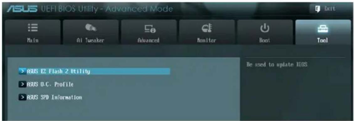 ASUS UEFI BIOS Utility - Advanced Mode Main AI Tweaker Advanced Monitor Boot Tool > ASUS E2 Flash 2 Utility > ASUS O.C. Profile > ASUS SPD Information Be used to update BIOS