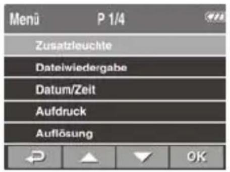 Menu P 1/4 Zusatzleuchte Dateiwiedergabe Datum/Zeit Aufdruck Auflösung OK