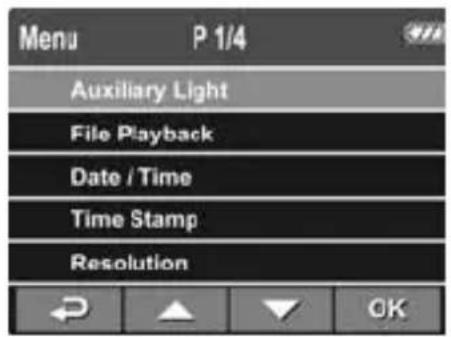 Menu P 1/4 Auxiliary Light File Playback Date / Time Time Stamp Resolution OK