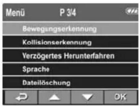 Menü P 3/4 Bewegungserkennung Kollisionserkennung Verzögertes Herunterfahren Sprache Dateilöschung