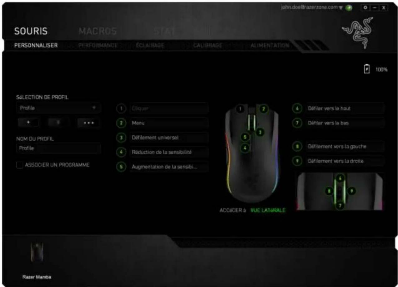 SOURIS MACROS STAT PERSONNALISER PERFORMANCE ÉCLAIRAGE CALIBRAGE ALIMENTATION 100% SÉLECTION DE PROFIL Profile + - NOM DU PROFIL Profile ASSOCIÉR UN PROGRAMME 1 2 Menu 3 Défilament universel 4 Réduction de la sensibilité 5 Augmentation de la sensibil... 6 Défilament vers le haut 7 Défilament vers le bas 8 Défilament vers la gauche 9 Défilament vers la droite ACCÉDER à VUE LATERALE Razer Manba