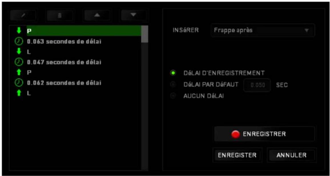 P 0.063 secondes de délai L 0.047 secondes de délai P 0.062 secondes de délai L IN SÉRER Frappe après DÉLAI D'ENREGISTREMENT DÉLAI PAR DÉFAUT 0.050 SEC AUCUN DÉLAI ENREGISTRER ENREGISTER ANNULER