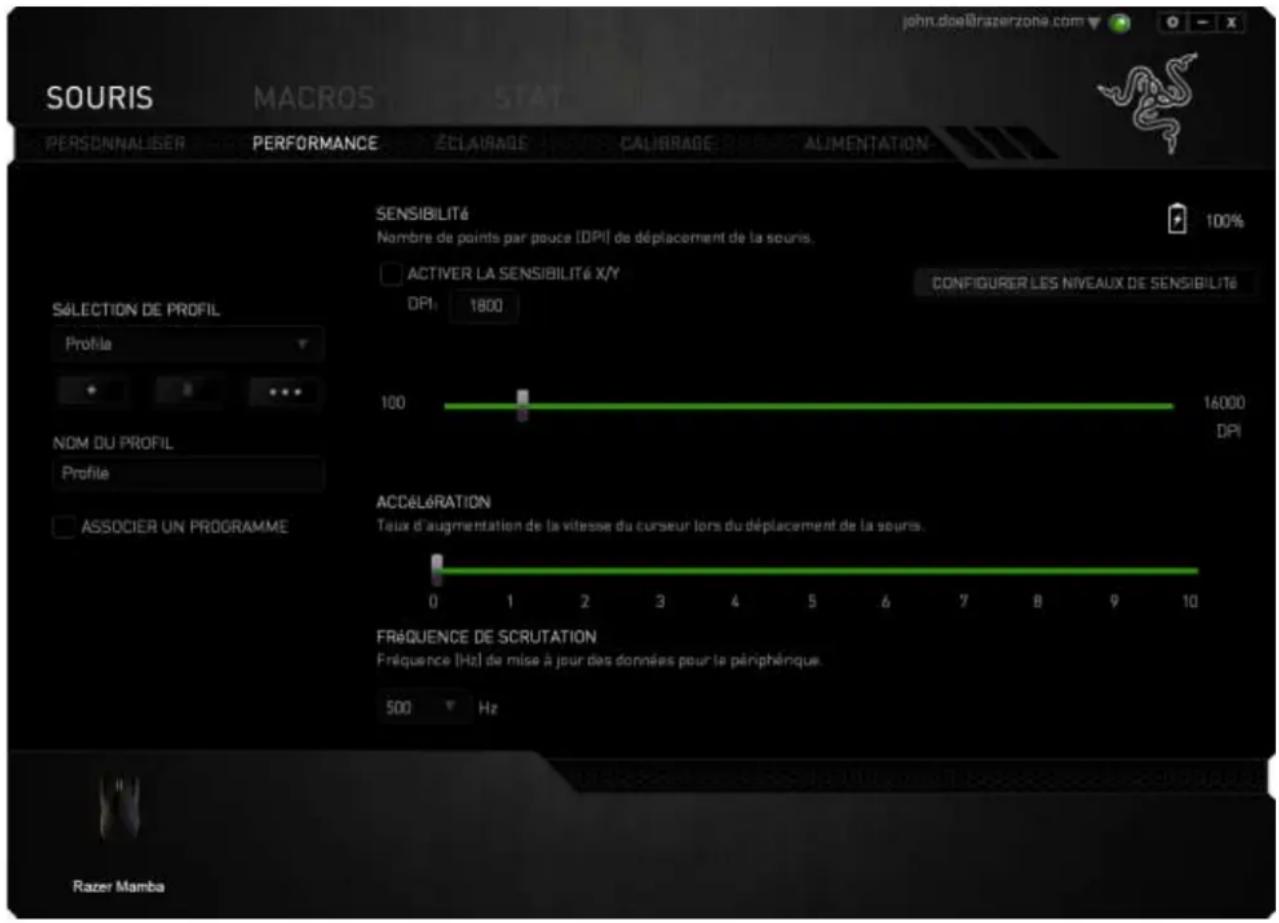 SOURIS MACROS PERSONNALISER PERFORMANCE ÉCLAIRAGE CALIBRAGE ALIMENTATION SENSIBILITÉ Nombre de points par pouce [DPI] de déplacement de la souris. 100% ACTIVER LA SENSIBILITÉ X/Y DPI: 1800 100 16000 DPI ACCÉLÉRATION Taux d'augmentation de la vitesse du curseur lors du déplacement de la souris. FREQUENCE DE SCRUTATION Fréquence [Hz] de mise à jour des données pour le périphénique. 500 Hz Razer Mamba