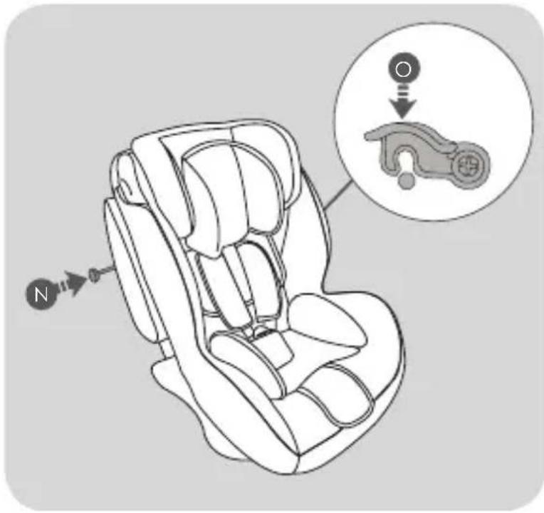 Diagram of a car seat assembly with labeled parts and a magnified inset showing a key adjustment mechanism.