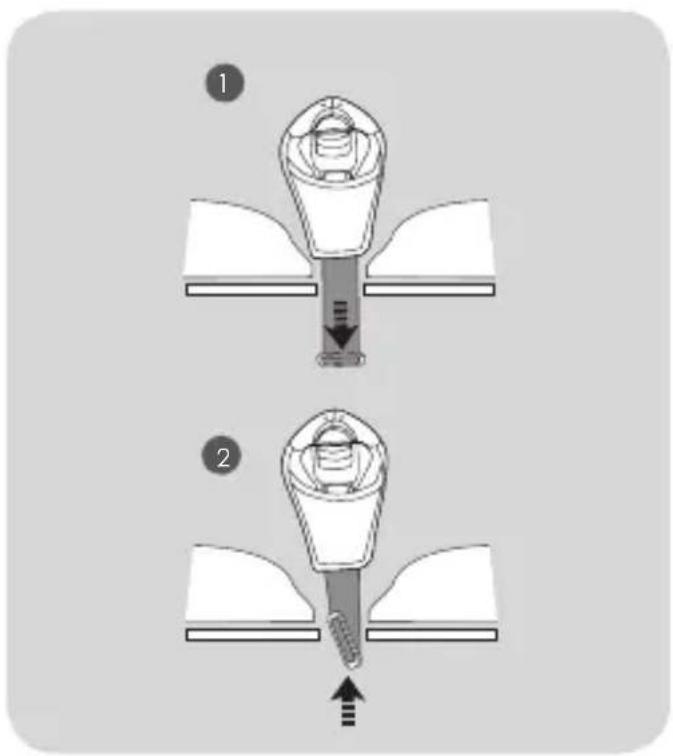 Diagram illustrating two mechanical or electrical states with labeled components and directional arrows, likely illustrating a process or assembly.