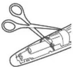Line drawing of a pair of scissors cutting through a cylindrical tool (no text or symbols).