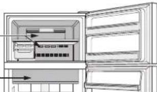 Diagram of an open refrigerator with labeled door and side panel, showing internal compartments and ventilation slots.
