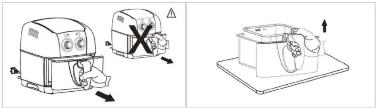 Technical diagram showing three-step assembly of an air fryer with warning indicators and a device labeled MAX.