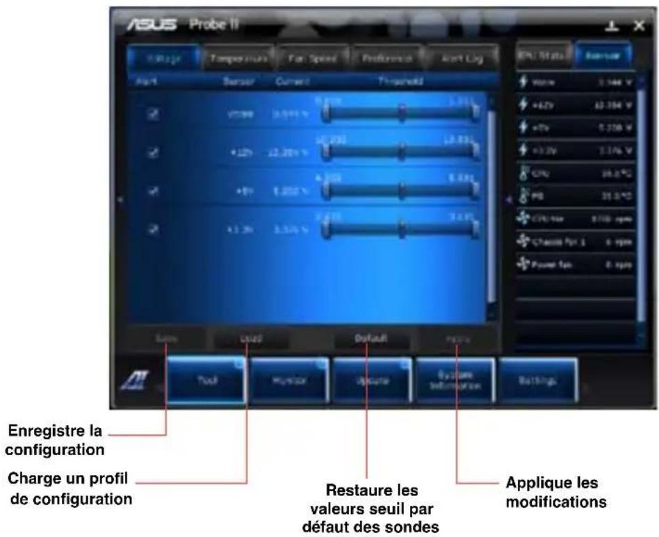 ASUS Probe II Voltage Temperature Fan Speed Performance Aout Log Part Sensor Current Threshold +12V 2.5V +12V 2.3V +12V 2.0V +12V 1.8V +12V 1.6V +12V 1.4V Enregistre la configuration Charge un profil de configuration Restaure les valeurs seuil par défaut des sondes Applique les modifications