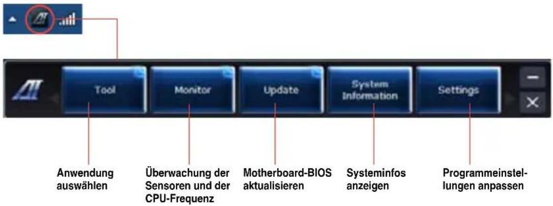 Tool Monitor Update System Information Settings Anwendung auswählen Überwachung der Sensoren und der CPU-Frequenz Motherboard-BIOS aktualisieren Systeminfos anzeigen Programmeinstellungen anpassen
