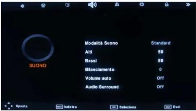 Modalità Suono Standard Alti 50 Bassi 50 Bilanciamento 0 Volume auto Off Audio Surround Off