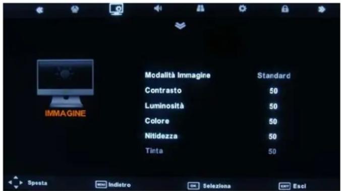 IMMAGINE Modalità Immagine Standard Contrasto 50 Luminosità 50 Colore 50 Nitidezza 50 Tinta 50 Sposta Indistro Seleziona Escl