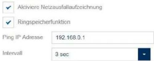 Aktiviere Netzausfallaufzeichnung Ringspeicherfunktion Ping IP Adresse 192.168.0.1 Intervall 3 sec