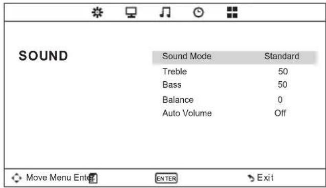 SOUND Sound Mode Standard Treble 50 Bass 50 Balance 0 Auto Volume Off Move Menu Enter ENTER Exit