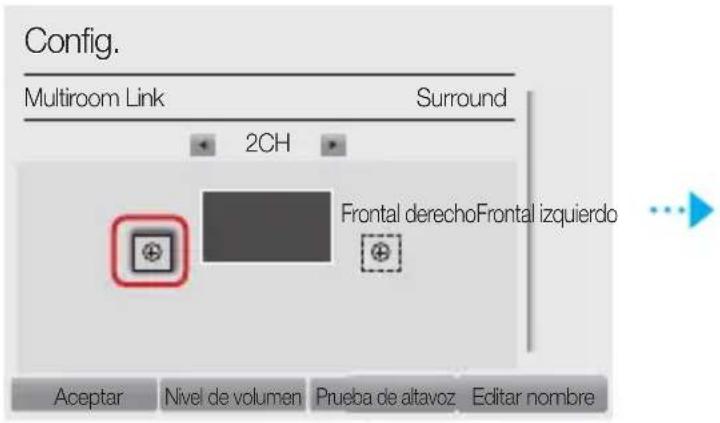 Config. Multiroom Link Surround 2CH Frontal derechoFrontal izquierdo Aceptar Nivel de volumen Prueba de altavoz Editarar nombre