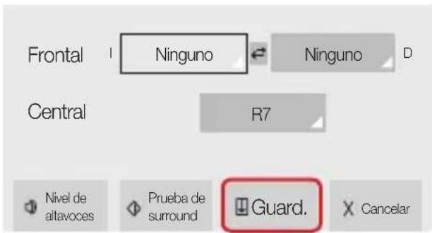 Frontal Ninguno Ninguno D Central R7 Nivel de altavoces Prueba de surround Guard. Cancelar