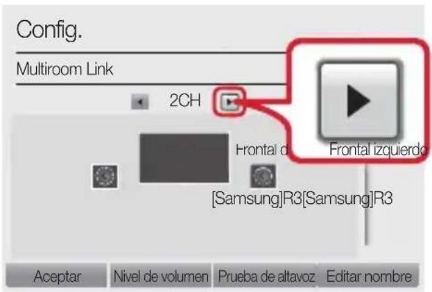 Config. Multiroom Link 2CH Frontal d [Samsung]R3[Samsung]R3 Frontal izquierdo Aceptar Nivel de volumen Prueba de altavoz Editar nombre
